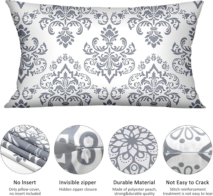 Coliuso Decorative Lumbar Pillow Covers 12x20 Set of 4, Grey and White Modern Simple Square Pillow Case Cushion Cover for Sofa Couch Farmhouse Living Room Bedroom Car(Gray and White)