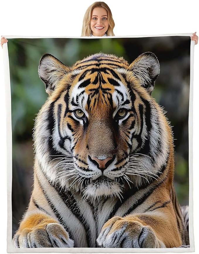 Tiger Blanket Throw, 3D African Wildlife Feline Carnivorous Animal Lying On The Stone Minimalistic Style Fleece Blanket, Decorative Sofa Sherpa Blanket Lightweights, Baby 30"x40", Black White