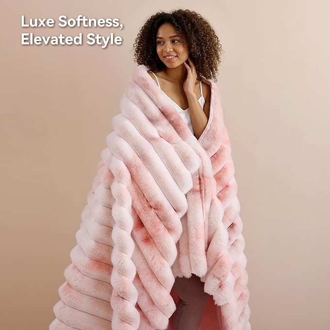 Smoofy Fluffy Faux Fur Throw Blanket - Super Soft Thick Plush Cozy Fuzzy Rabbit Fur, Luxury Warm Fleece Minky Stripe Blanket for Couch, Sofa, Room Decor Gift for Women, Tie Dye Pink Throw, 50x60