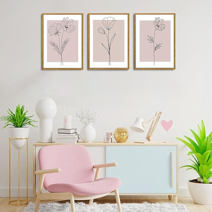 Wodkwq 3 Piece Pink Canvas Wall Art Set Framed,Pink Flower Wall Decor,Floral Prints,Botanical Line Painting,Minimalist Poster Pink Aesthetic for Girls' Room,Living Room,Bedroom,Office 16x24in