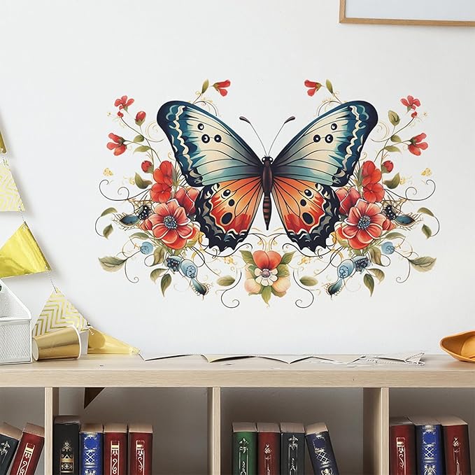 TUOKING Butterfly Red Flowers Wall Stickers Removable Wall Murals Peel and Stick Wall Art Decal Home Decor for Kitchen,Bedroom,Living Room(fun-e34)