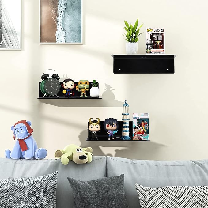 9 Inch Acrylic Floating Shelf No Drill Adhesive Wall Shelf Set of 2 for Funko Pop Storage, Floating Shelves Damage-Free Expand Wall Space for Living Room, Bathroom, Gaming Room, Office - Black
