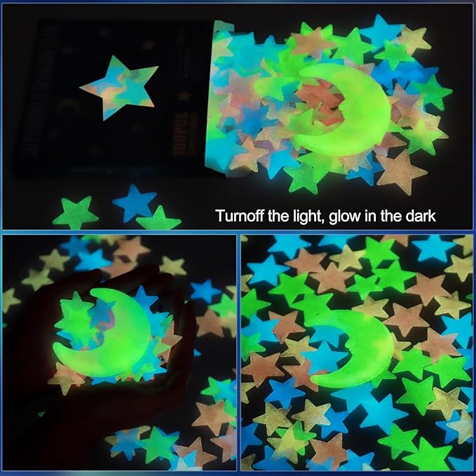 AM AMAONM Glow in The Dark Luminous Stars Fluorescent Noctilucent Plastic Wall Stickers Murals Decals for Home Art Decor Ceiling Wall Decorate Kids Babys Bedroom Room 100PCS Yellow Moon and Stars