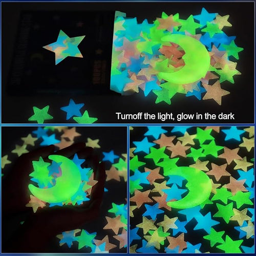 AM AMAONM Glow in The Dark Luminous Stars Fluorescent Noctilucent Plastic Wall Stickers Murals Decals for Home Art Decor Ceiling Wall Decorate Kids Babys Bedroom Room 100PCS Yellow Moon and Stars