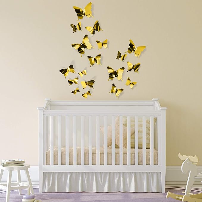BBTO 48 Pieces Butterfly Wall Decor DIY 3D Mirror Butterfly Stickers Removable Decals Crafts for Birthday Party Bedroom School Bathroom Living Room Decor(Gold)