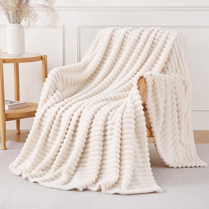 Cream White Throw Blanket for Couch Sofa 60x80 inches Striped Fleece Blankets Room Home Decor Lightweight Plush Soft Cozy Gifts for Women Mom Girls
