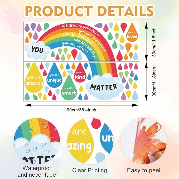 HLNIUC Colorful Rainbow Wall Sticker(35”x24”) You Are Smart Art Decal,Inspirational Quotes Window Cling,Positive Quotes Wall Art,Rainbow Raindrop Inspiring Words Room Decal for Kids Room Living Room