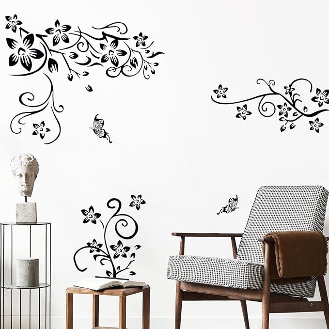 Supzone Flowers Vine Decals Black Flowers Butterfly Wall Decor Removable Vinyl DIY Home Art Stickers for Bedroom Living Room Sofa Backdrop TV Wall Decoration
