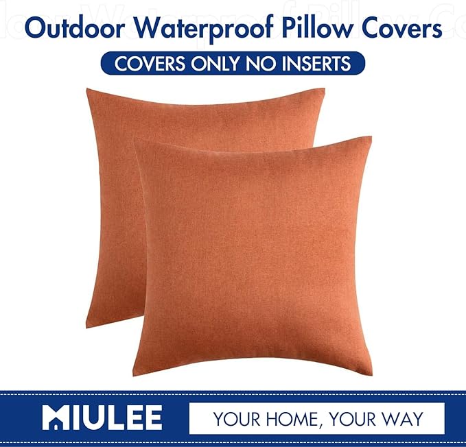 MIULEE Pack of 2 Decorative Outdoor Solid Waterproof Throw Pillow Covers Faux Linen Garden Farmhouse Cushion Cases for Summer Patio Tent Balcony Couch Sofa 16x16 Inch Orange