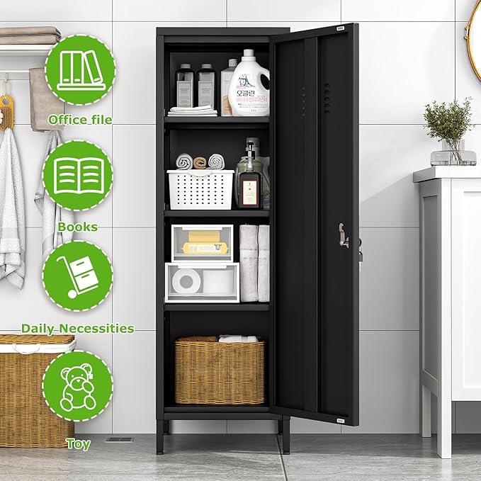 47" Metal Storage Locker, Lockable Employees Metal Locker with Door and Adjustable Shelves, Steel Locker for Home, School, Office, Gym (Black)
