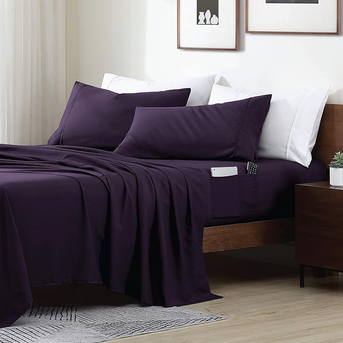 Swift Home Smart Sheets, Ultra Soft Brushed Microfiber 4-Piece Sheet Set, Fitted Bed Sheet with Side Storage Pockets – Eggplant, King
