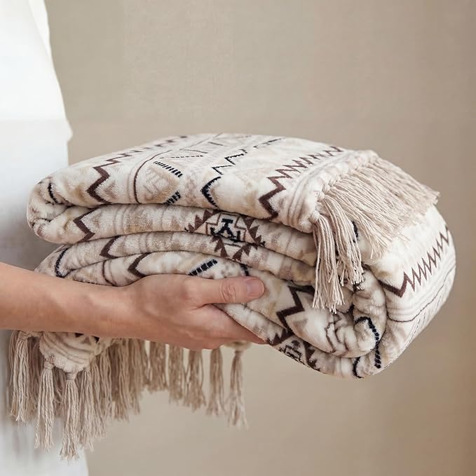 CASAAGUSTO Boho Throw Blanket - Beige and Gray Decorative Blankets with Tassel, Printed Flannel Bohemian Blanket for Chair, Bed, Sofa, Couch(60 * 80, Beige and Gray)