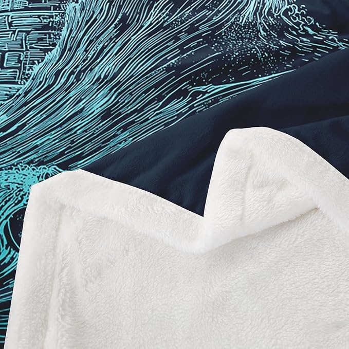 Erosebridal Nautical Lighthouse Fleece Blanket, Sea Wave Splash Spray Flying Birds Ocean Navigation Theme Hand Drawn Sherpa Blanket,Decorative Sofa Blanket Throw Lightweight, Twin 60"x80", Blue Black