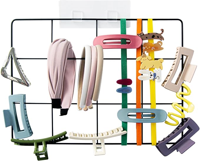 Adhesive Claw Clip Holder - 1Pack Metal Grid Construction Wall Hanging Display Organizer for Pins Hairbands Headbands Hair Accessories Hanger for Women Girls Closet Vanity Room Bedside Storage (Black)