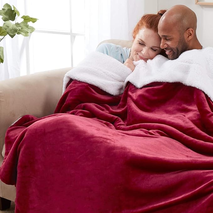 Genteele Sherpa Throw Blanket Super Soft Reversible Ultra Luxurious Plush Blanket, 90 x 90 inches, Rich Burgundy Red/White