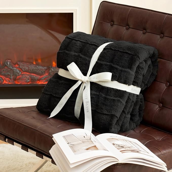 Cozy Bliss Fluffy Faux Fur Throw Blanket for Couch,Warm Cozy Soft Black Throw Blankets for Sofa Bed Living Room,60x80 Inches