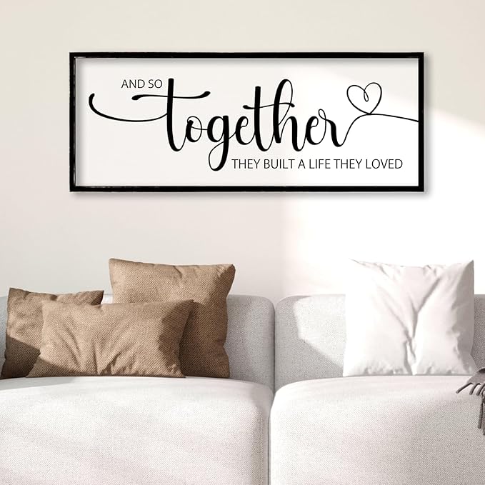 And So Together They Built A Life They Loved Sign Wall Decor 40"x15" Above Over Bed Master Bedroom Large Wood Framed Wall Hanging Art (Black)