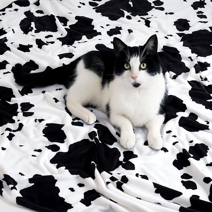 Cozy Bliss Cow Print Fuzzy Throw Blanket for Couch - Thick Soft Warm Non Shedding Fleece Blankets for Western Décor Room, for Kids, Women Men Girls, Black & White 50"*60"