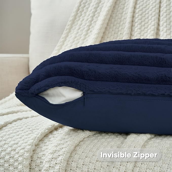 FUTEI Dark Navy Decorative Throw Pillow Covers Set of 2, 12x20 Inch Soft Fluffy Faux Fur Plush Striped Lumbar Pillowcases, Modern Home Decor for Couch Bed Living Room