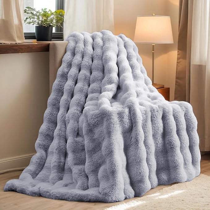 H&D Faux Fur Throw Blanket for Couch,Fluffy Cozy Soft Plush Luxury Thick Fuzzy Fleece Blanket for Couch Bed Sofa Bedroom Living Room,Comfy Bubble Blanket(Gray, Queen 80"x90")