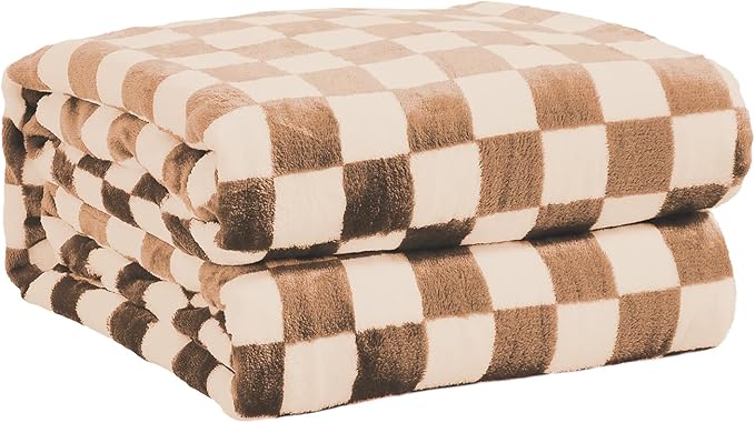 FY FIBER HOUSE Checkered Flannel Fleece Throw Blanket Soft Cozy Checkerboard Grid Print Chessboard Pattern Blankets for Dog Cat, 40"x50", Khaki