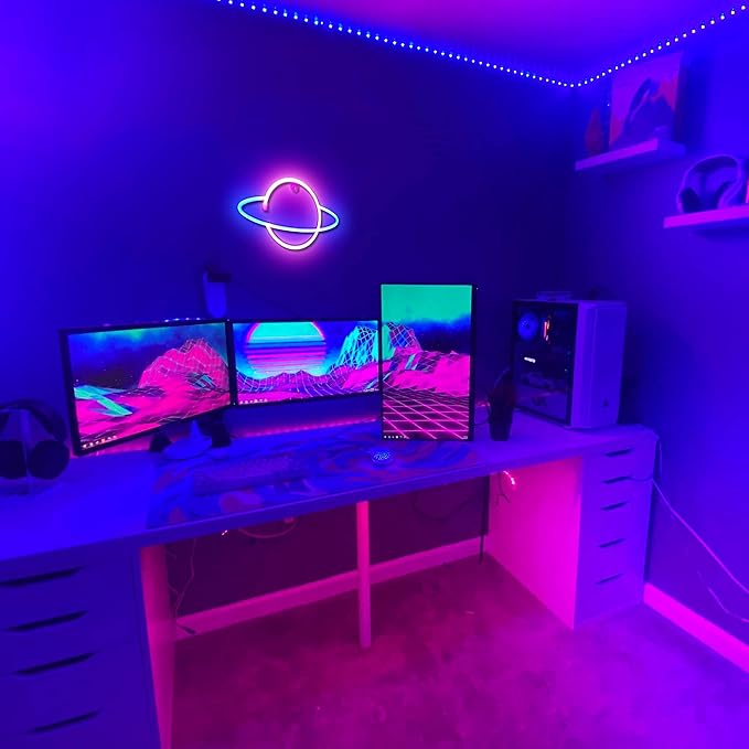 Lumoonosity Planet Neon Sign - USB Powered Saturn LED Light with On/Off Switch, Planet Led Sign for Wall Decor - Aesthetic Hanging Saturn Neon Light for Bedroom, Gaming Room