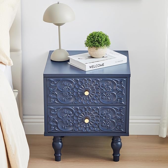 Nightstand, Farmhouse Bedside Table with 2 Drawers and Metal Handles, Wood Sofa Side Table End Table Accent Dresser for Bedroom, Living Room (Blue-2 Packs) (15.75 x 16.02 x 18.15 Inch)
