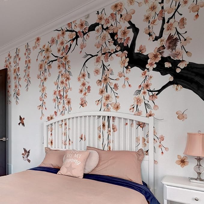 Large Cherry Blossom Tree Wall Stickers,4 Sheets Spring Light Pink Flower Bird Wall Decals Peel and Stick Waterproof Wall Murals Decor for Living Room Bedroom (Light Pink, 11.8*35.4inch)