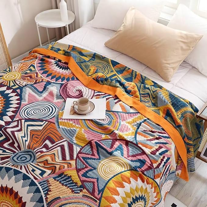 Boho Blanket for Bed 100% Cotton Bohemian Throw Blankets Ultra Soft Woven Muslin Decorative Blankets All Seasons Vintage Quilt Knitted Blanket for Sofa Chair (Colorful, 60"x80")