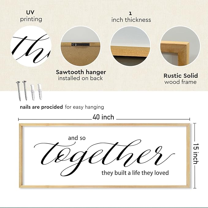 YWJKWLGS And So Together They Built a Life They Loved Family Sign Bedroom Decor Above Bed Wall Art 40x15 Inch Large Couple Love Quotes Framed for Master Room (Wood)