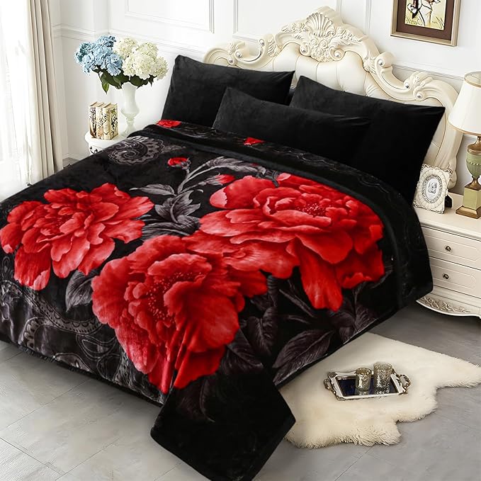 JYK Soft Blanket Korean Mink Blanket, 5.7 LB Fleece Blanket King 83'' x 91'' - 2 Ply Reversible 520GSM Super Soft Plush, Medium Thick, Warm Bed Blanket for Autumn Winter - Peony/Rose