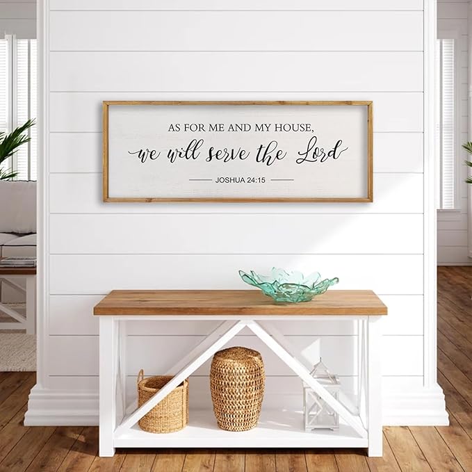 comurdyo Christian Wall Art As For Me And My House We Will Serve The Lord Joshua 24:15 Bible Verse Sign 32×12 Inch Scripture Plaque for Bedroom Above Bed Large Wood Framed Wall Decor (Wood)