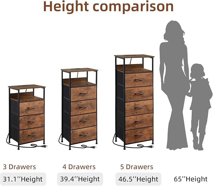 Somdot Tall Nightstand with Charging Station and LED Light for Bedroom, 4 Drawers Dresser with Fabric Bins for Bedside Kids Dorm Room Closet Laundry Entryway, Wood Grain Print
