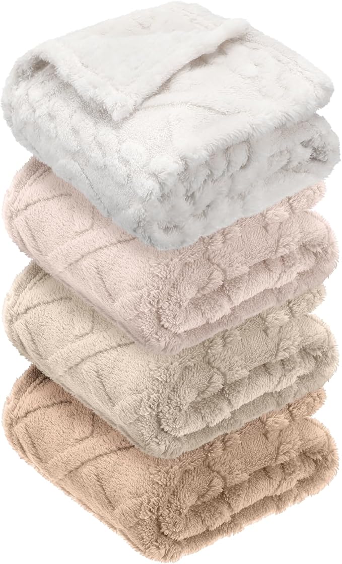 VitalCozy 4 Pcs Soft Fleece Baby Blankets Set 30" x 40" 3D Plush Warm Nursery Swaddling Bed Blanket Little Boys Girls Infant Toddlers and Newborn Receiving Gifts Blankets(Khaki Set)