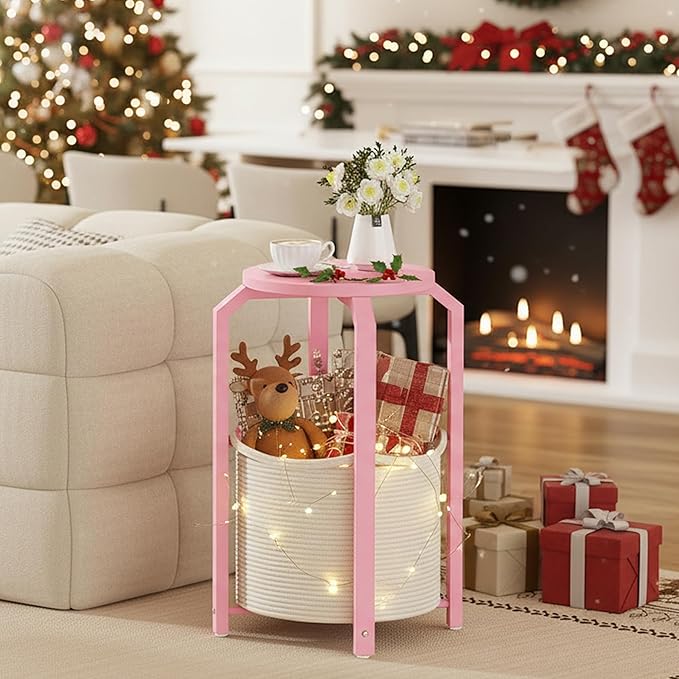 TUTOTAK Small Side Table, Round End Table, Night Stand, Bedside Table, Set of 2, Sofa Table with Storage Basket, Living Room, Bed Room, Pink TB01BP0922