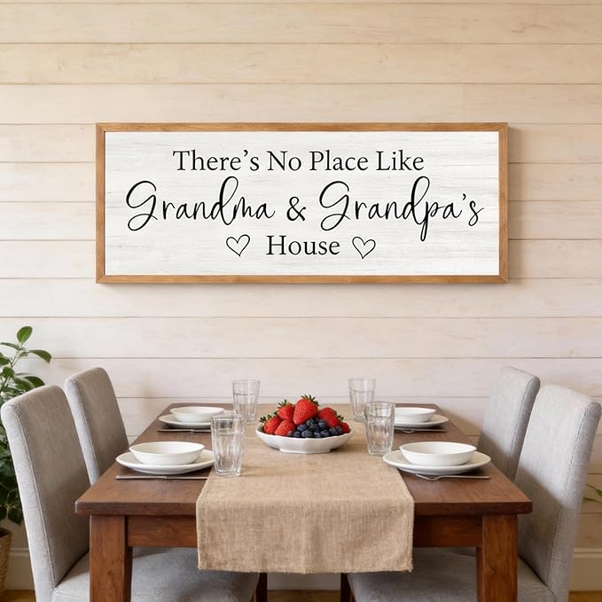 There’s No Place Like Grandma and Grandpa’s House Wall Decor: 32x12 Inch Framed Wooden Family Quote Sign, Rustic Farmhouse Wall Art for Grandparents’ Home, Living Room or Entryway, Natural