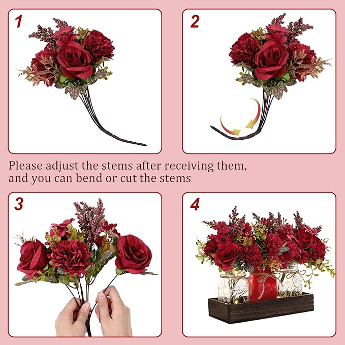 BLEUM CADE Centerpiece Table Decorations - Mason Jar Lights Centerpiece for Kitchen Dining Table Farmhouse Coffee Table Wedding Home Decor with 3 Jars Artificial Flowers & Wood Tray
