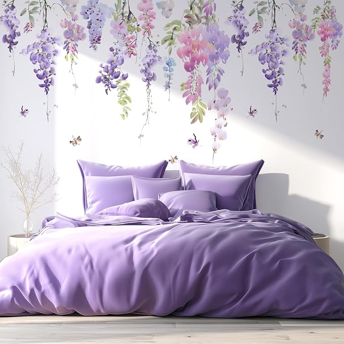 Purple Flowers Wall Decals Peel and Stick, Large Hanging Floral Vinyl Wall Stickers, Removable Vine Home Decor Art for Bedroom Living Room Classroom Office