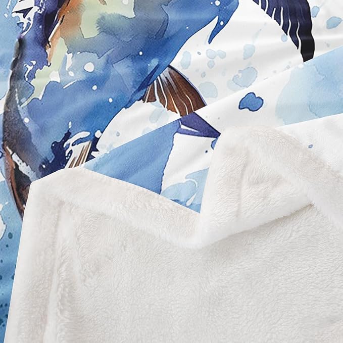 Erosebridal Marlin Swordfish Throw - Tie Dye Fleece Nautical Compass Sherpa Blanket - Fishing Theme Fuzzy Queen 90"x90" Blue Brown White