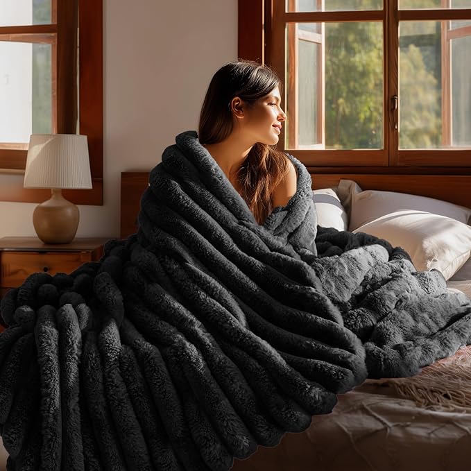 BEDELITE Faux Fur Throw Blanket for Couch, Soft and Cozy Luxurious 3D Striped Fluffy Blanket, 770GSM Thick Warm Plush Fuzzy Faux Rabbit Fur Blanket for Women Gift (Black, 60"x 80")