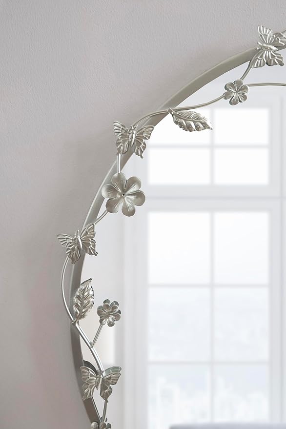 Kate and Laurel Rosella Modern Ornate Round Wall Mirror, 26 Inch Diameter, Silver, Circle Mirror with Floral Detailing for Use as Bathroom Mirror for Over Sink or Cute Kids Room Decor