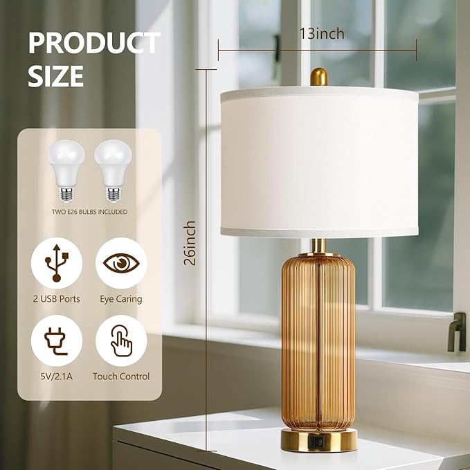 Table Lamps Set of 2 with Touch Control, 3-Way Dimmable Nightstand Lamp with Vertical Grained Glass, Bedside Table Lamps, 27" Modern Glass Bedside Lamps with USB A+C Ports, Brown Desk Lamp for Bedroom