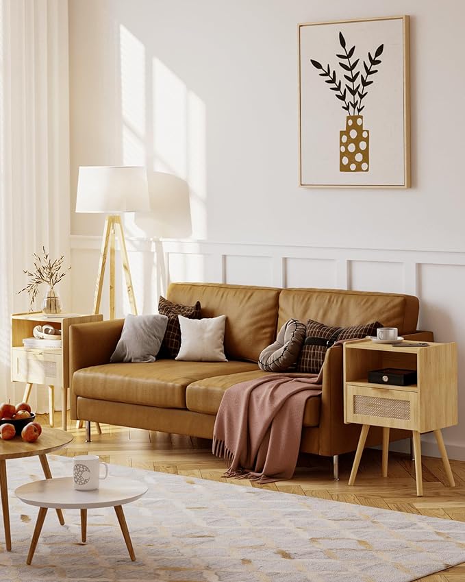Nightstand,Modern Bedside Table with Storage Drawer and Open Wood Shelf, Accent Night Stand with Solid Wood Legs for Living Room, Bedroom and Small Spaces,Easy Assembly (Oak-Rattan)