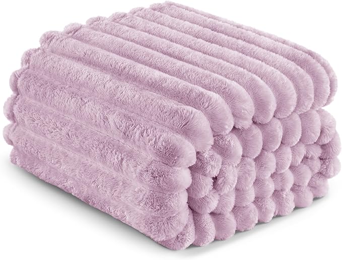 Exclusivo Mezcla Fleece Throw Blanket for Couch, Super Soft Striped Jacquard Bed Blanket, Lightweight Fuzzy Cozy for All Seasons, 50x60 Inches, Lilac Purple