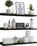 WOPITUES Floating Shelves 24 inch with Gold Metal Guardrail, Shelves for Wall Decor Set of 3, Wall Shelves for Bedroom, Bathroom, Kitchen, Living Room, Plants, Picture Frames, Art- Black and Gold