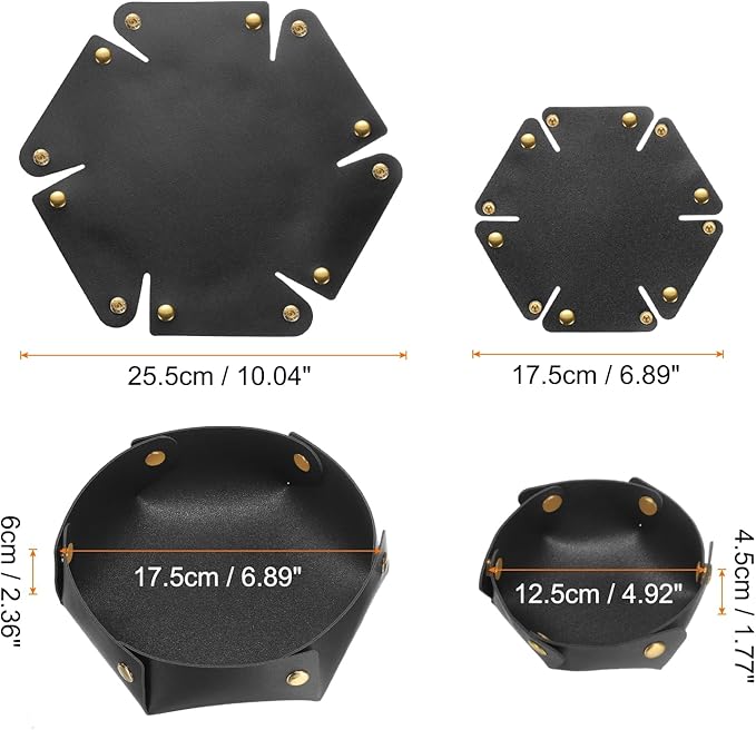 HARFINGTON 2pcs PU Leather Valet Tray Unisex Valet Tray Folding Round Catchall Tray Portable Entryway Table Tray Nightstand Bedside Desk Tray for Key Watch Coin Jewelry Dice, Black