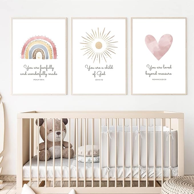 Boho Nursery Wall Art 3 Pieces Bible Verse Nursery Art Christian Girls Nursery Wall Art Heart Rainbow Sun Nursery Art Print Boho Sunshine Decor for Girl Baby Kid Room Decor 16x24 Inch Unframed