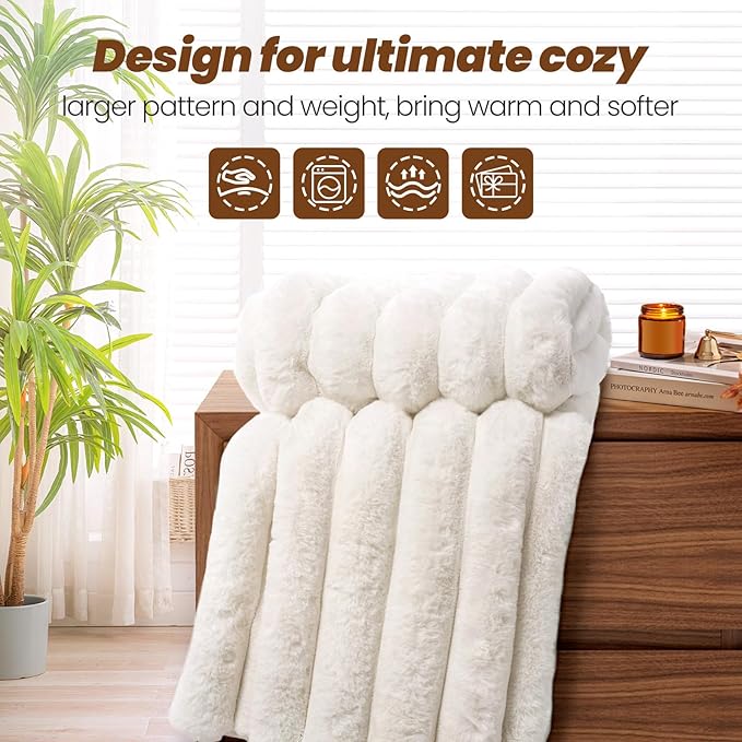 Faux Fur Twin Blanket for Couch,Cozy Soft Plush Thick Striped Luxury Blanket for Sofa Living Room Bedroom,60 * 80 Inches, White