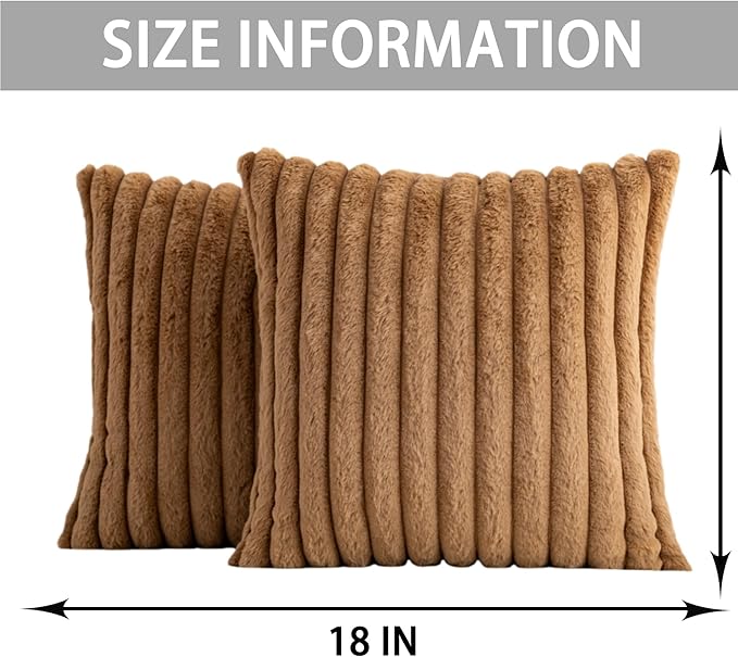 Aegero Pack of 2 Faux Fur Christmas Throw Pillow Covers 18x18 Inch, Soft Plush Striped Neutral Couch Pillow Cover, with Velvet Back Modern Home Decor for Sofa Living Room Couch Bed Coffee