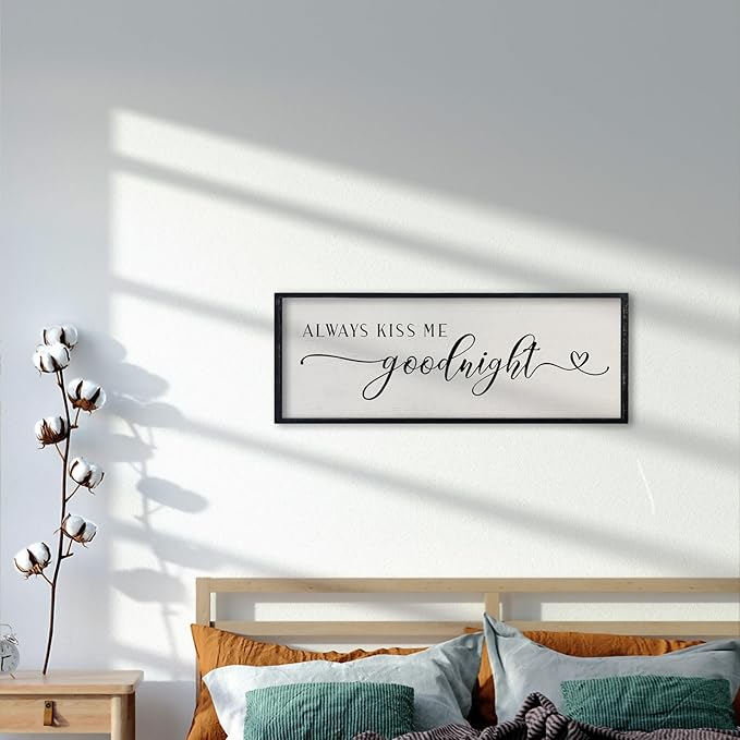 comurdyo Love Theme Always Kiss Me Goodnight Sign 32"×12" Romantic Couple Large Master Bedroom Above bed Wood Frame for Framed Rustic Farmhouse Minimalist Horizontal Wall Art Decor (Black)